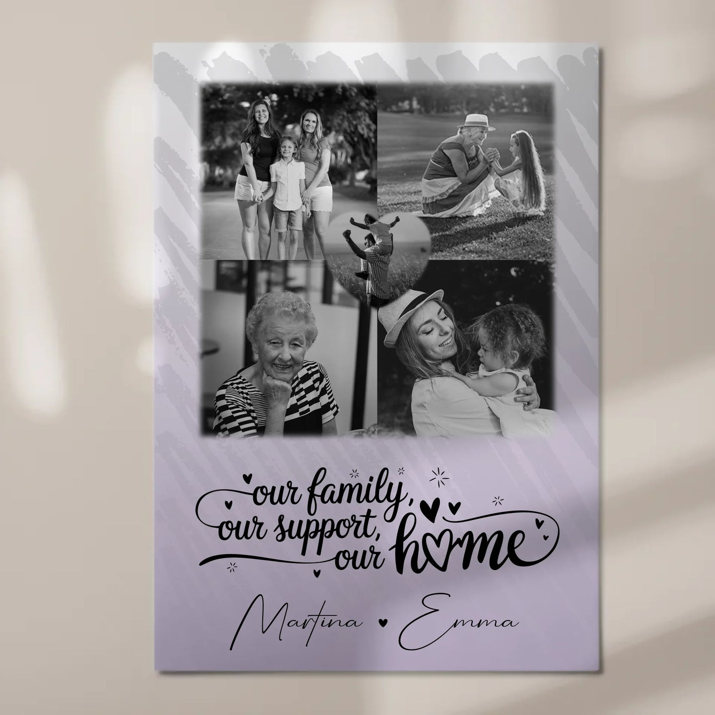 Familienbild Personalisiert Fotoboard mit 4 Fotos und Herz Foto Our Family