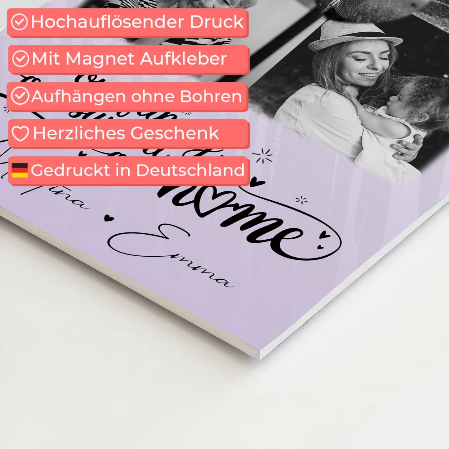 Familienbild Personalisiert Fotoboard mit 4 Fotos und Herz Foto Our Family