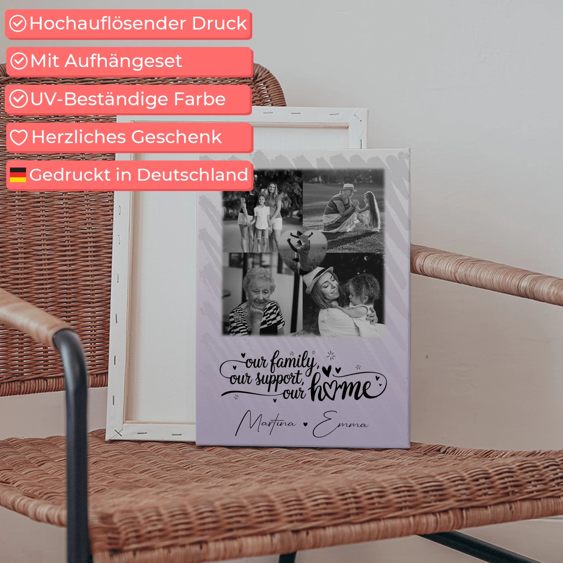 Wandbild Familie Personalisiert mit 4 Fotos und Herz Foto Our Family 5