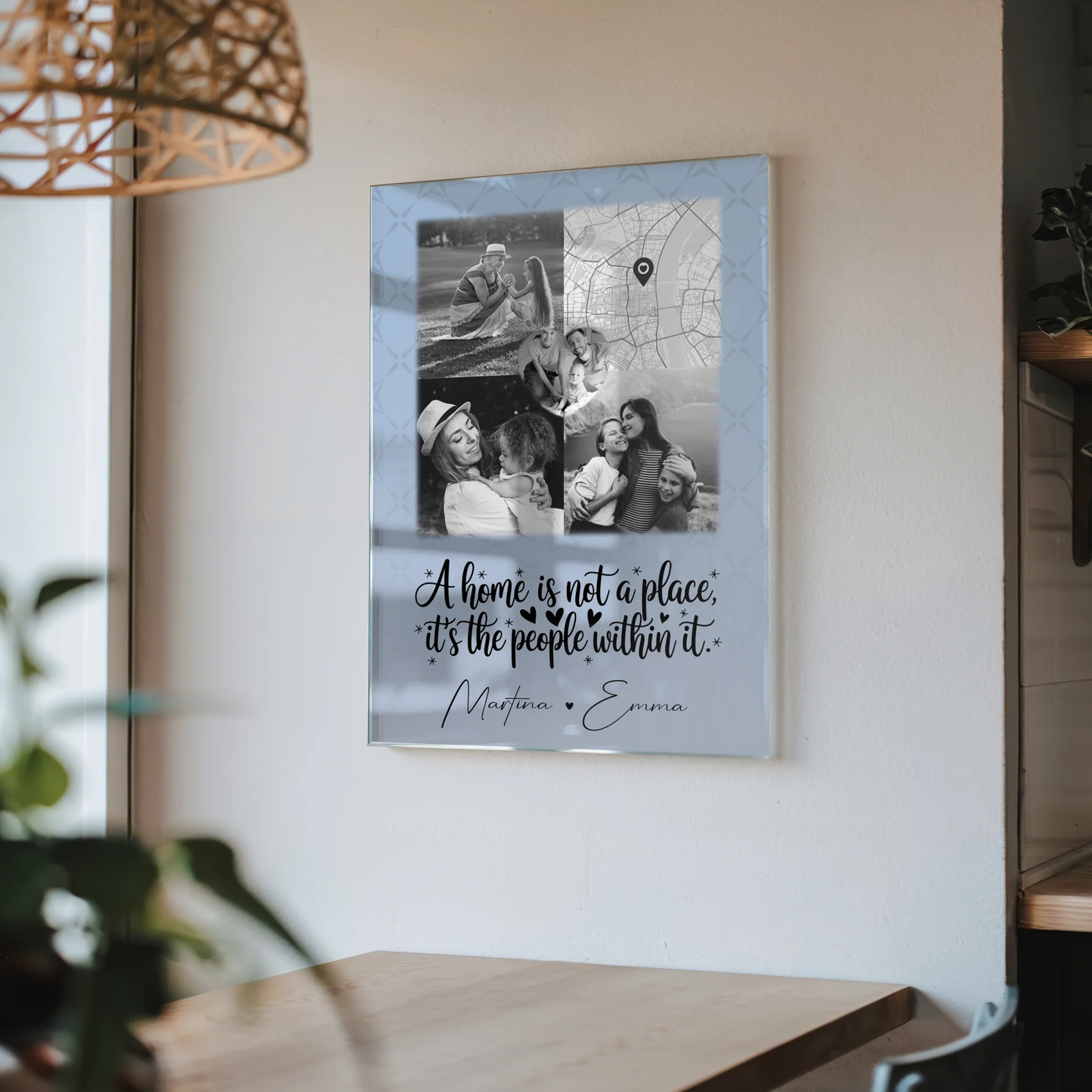 Familienbild Personalisiert auf Acrylglas mit 3 Fotos 1 Herz Foto und Karte Home is
