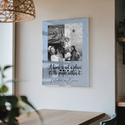 Familienbild Personalisiert auf Acrylglas mit 3 Fotos 1 Herz Foto und Karte Home is