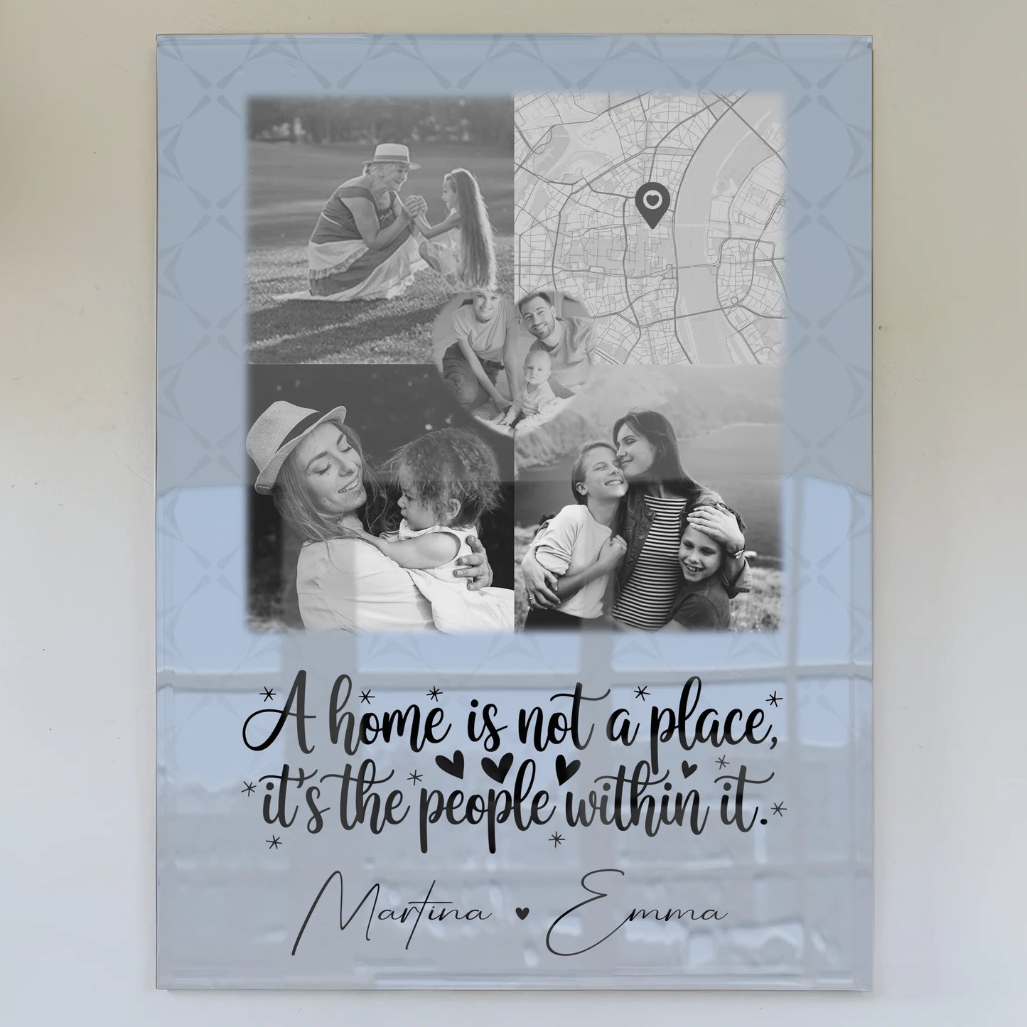 Familienbild Personalisiert auf Acrylglas mit 3 Fotos 1 Herz Foto und Karte Home is