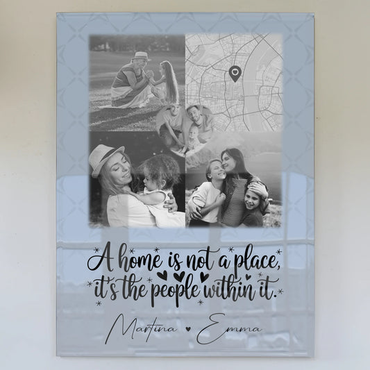 Familienbild Personalisiert auf Acrylglas mit 3 Fotos 1 Herz Foto und Karte Home is