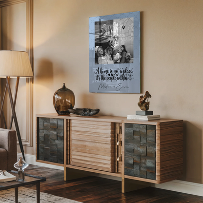 Familienbild Personalisiert auf Acrylglas mit 3 Fotos 1 Herz Foto und Karte Home is