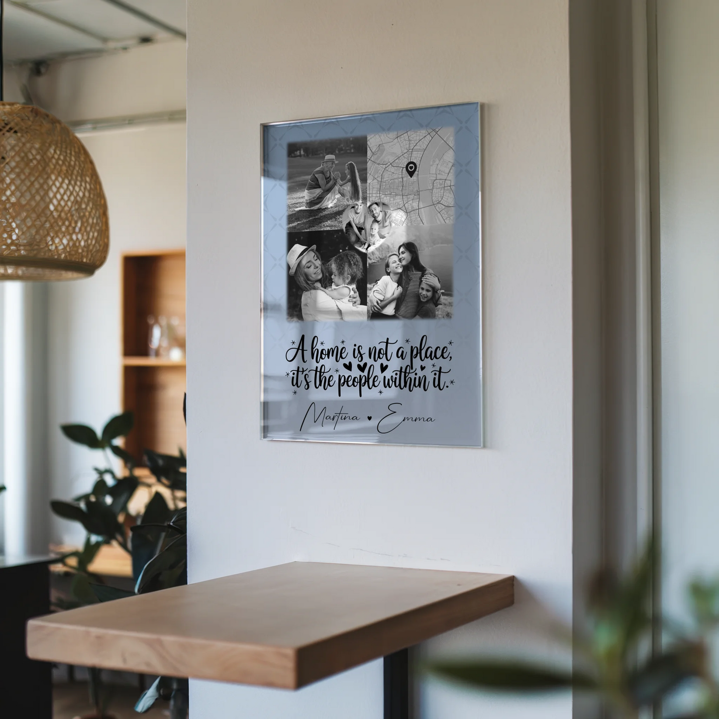 Familienbild Personalisiert auf Acrylglas mit 3 Fotos 1 Herz Foto und Karte Home is