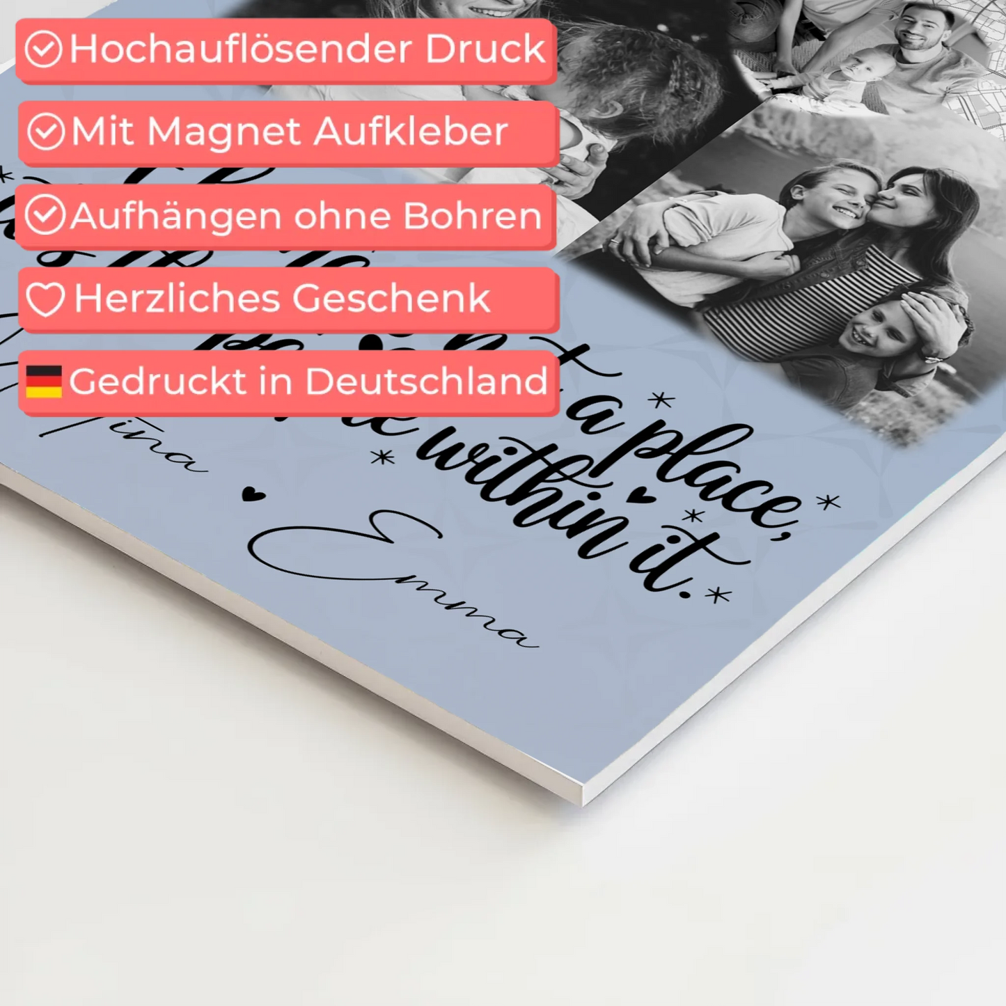 Familienbild Personalisiert mit 3 Fotos und Herz Foto Karte Home is 4