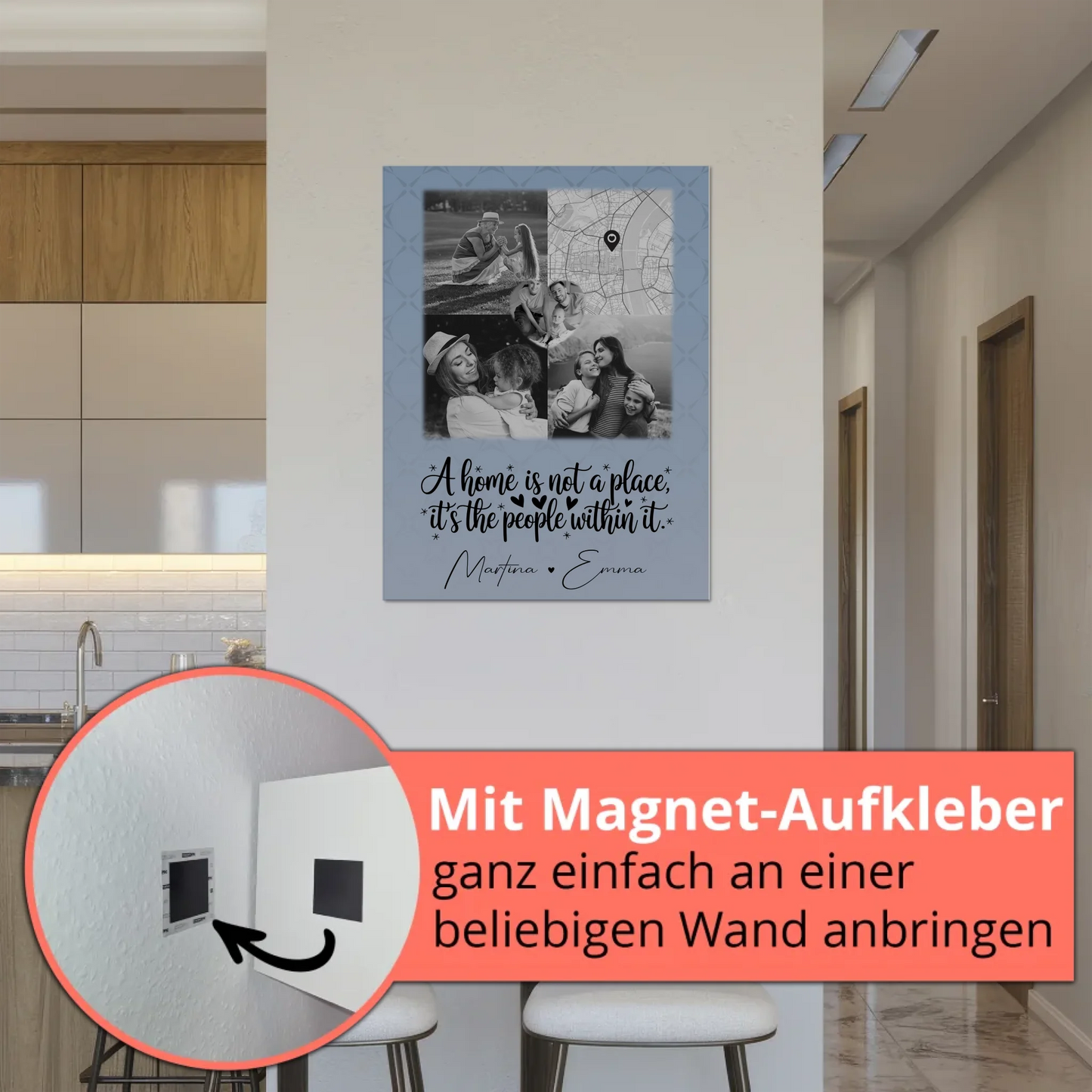 Familienbild Personalisiert mit 3 Fotos und Herz Foto Karte Home is