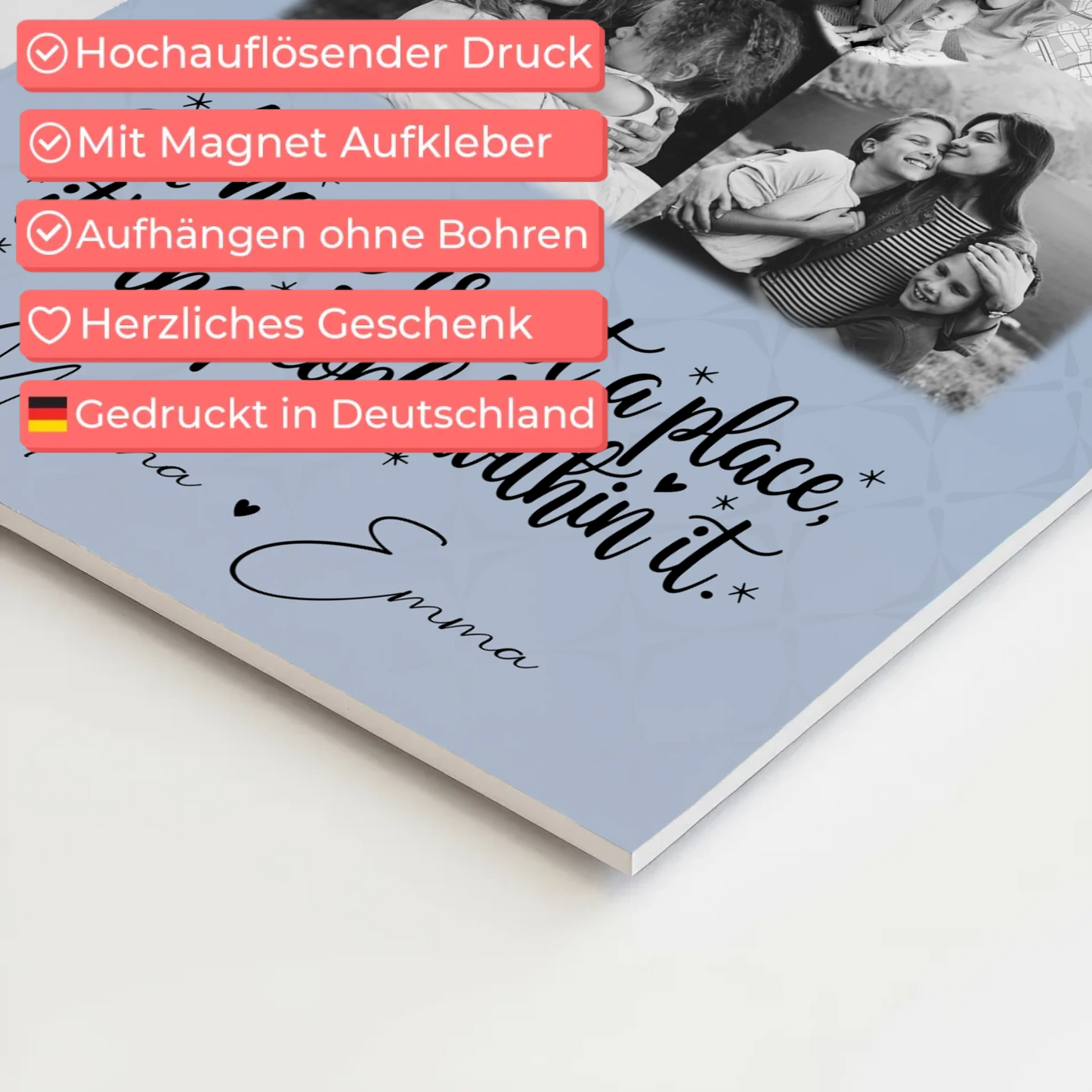 Familienbild Personalisiert mit 3 Fotos und Herz Foto Karte Home is 10