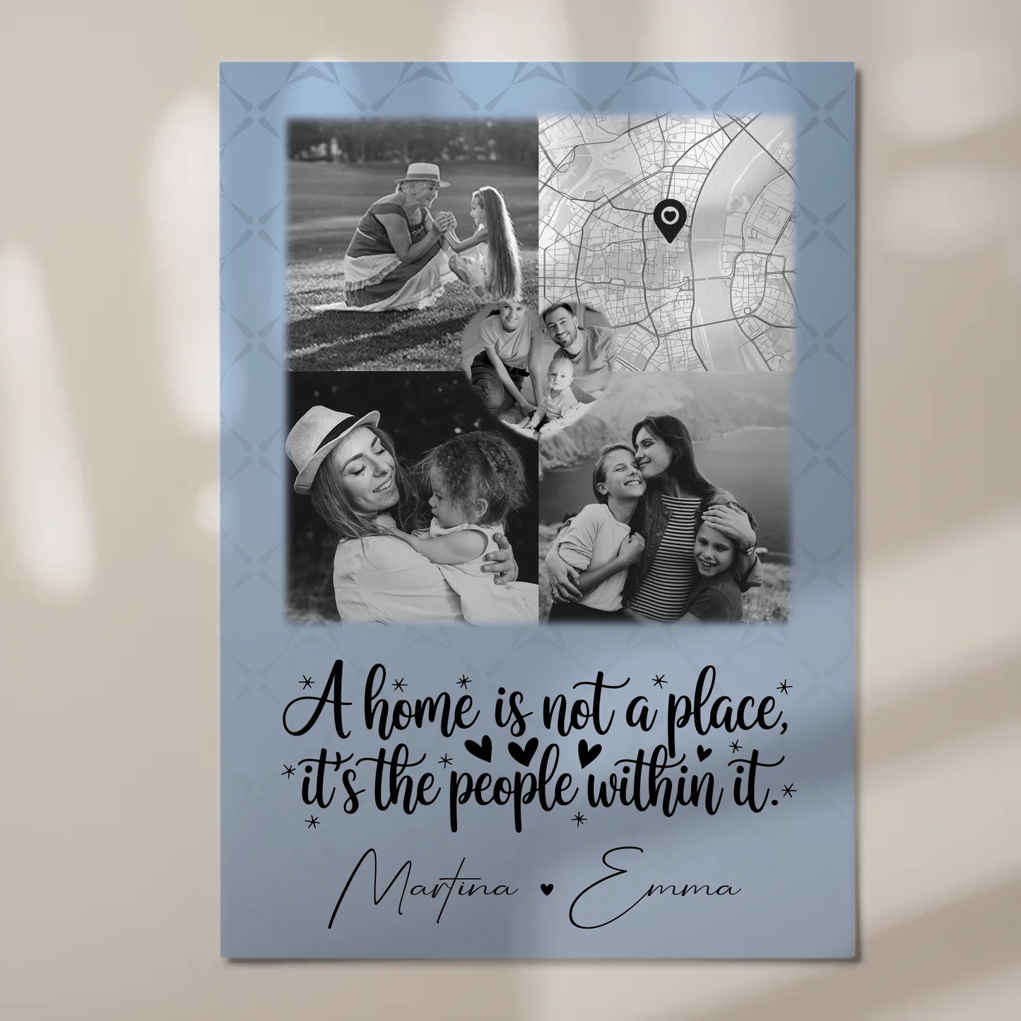 Familienbild Personalisiert mit 3 Fotos und Herz Foto Karte Home is