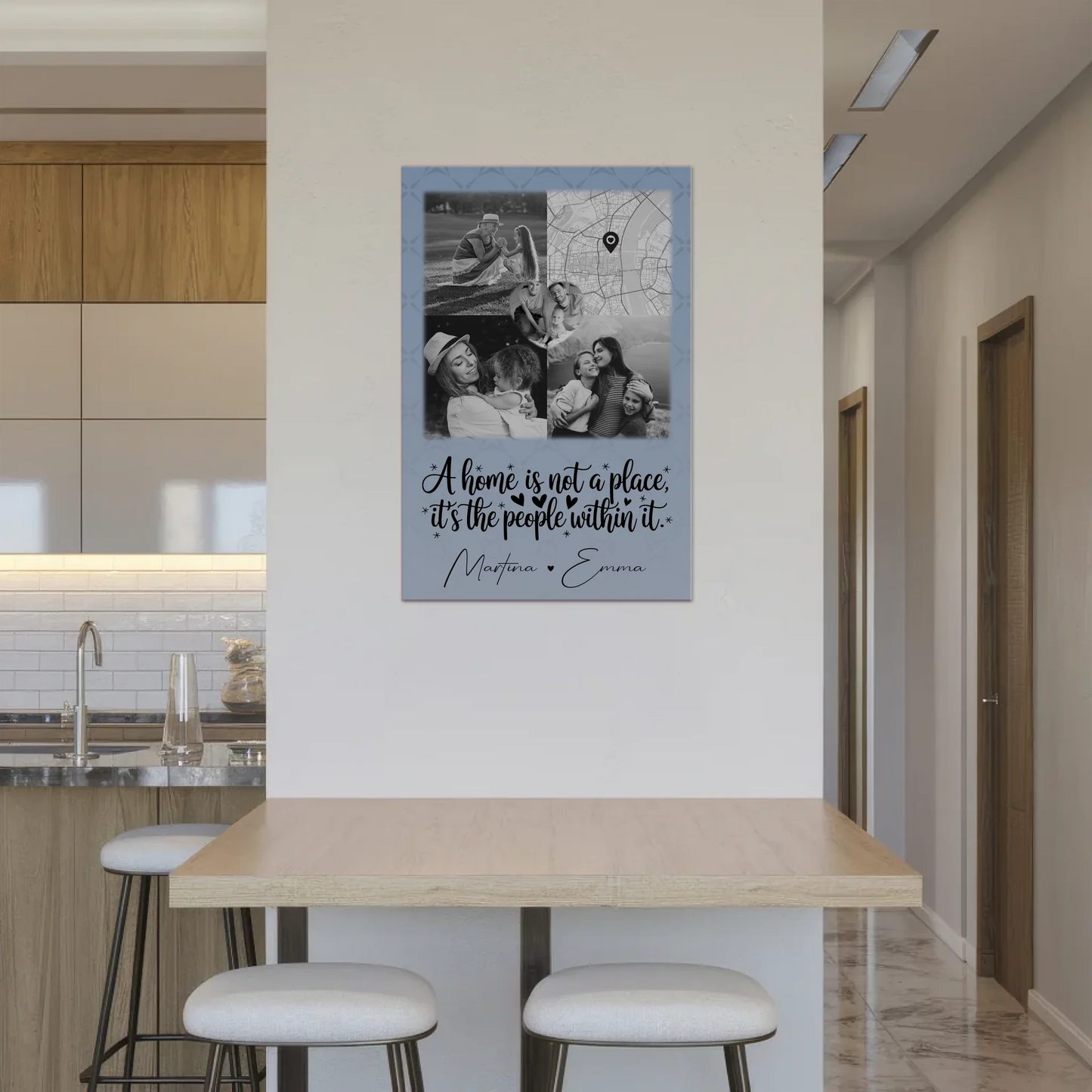 Familienbild Personalisiert mit 3 Fotos und Herz Foto Karte Home is