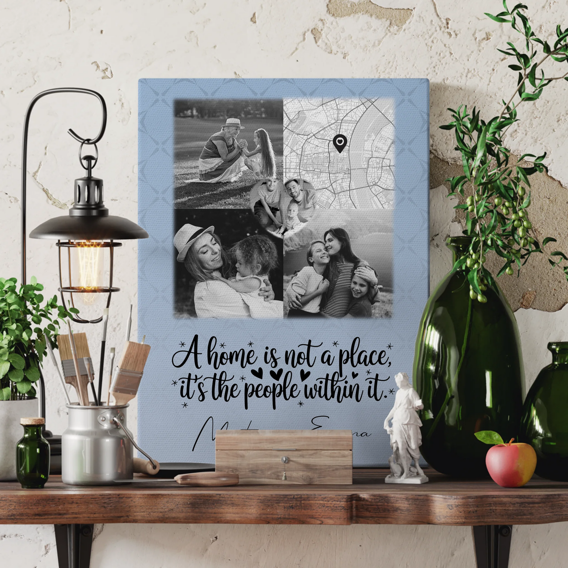 Familienbild Personalisiert Leinwand mit 3 Fotos und Herz Foto Karte Home is 3