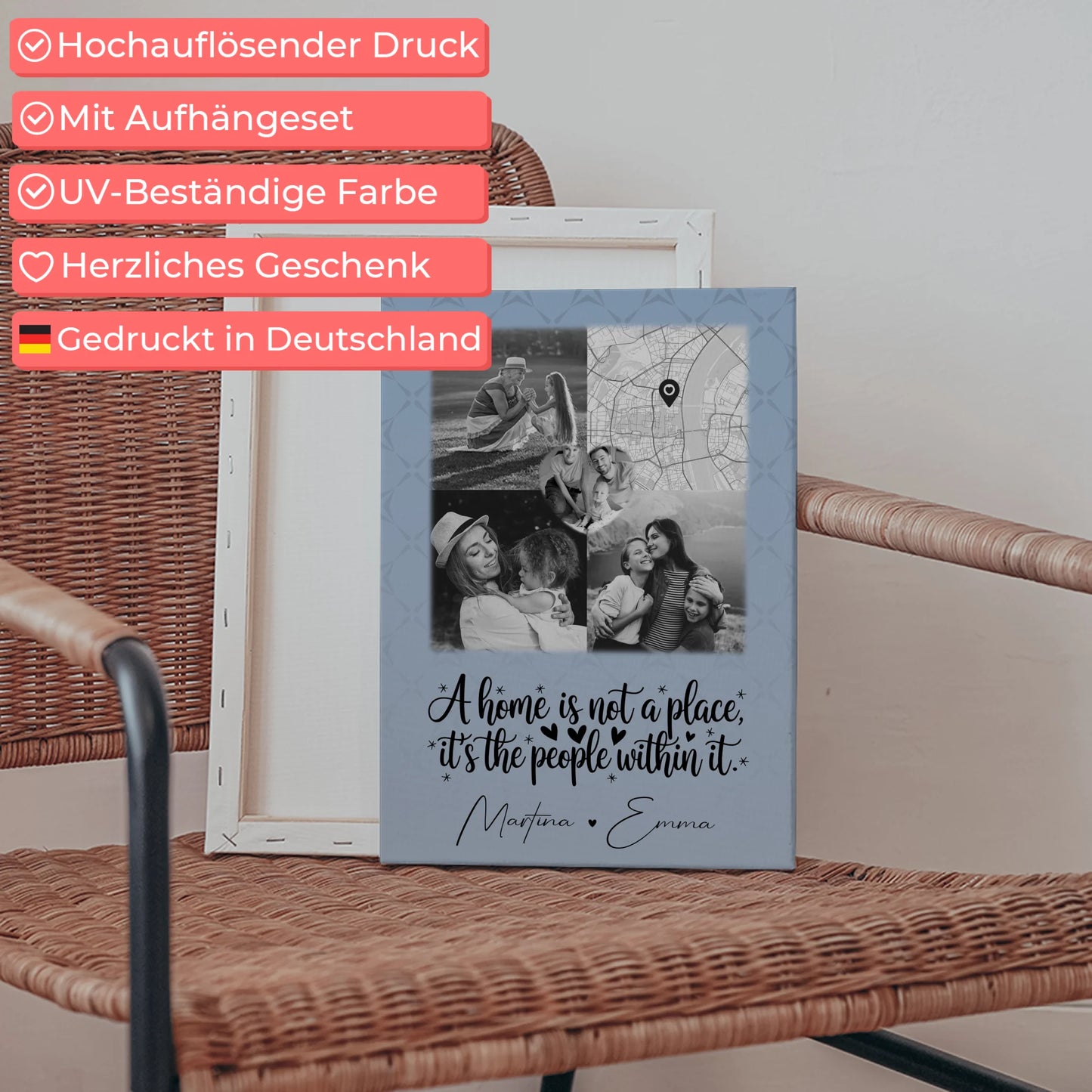 Familienbild Personalisiert Leinwand mit 3 Fotos und Herz Foto Karte Home is 5