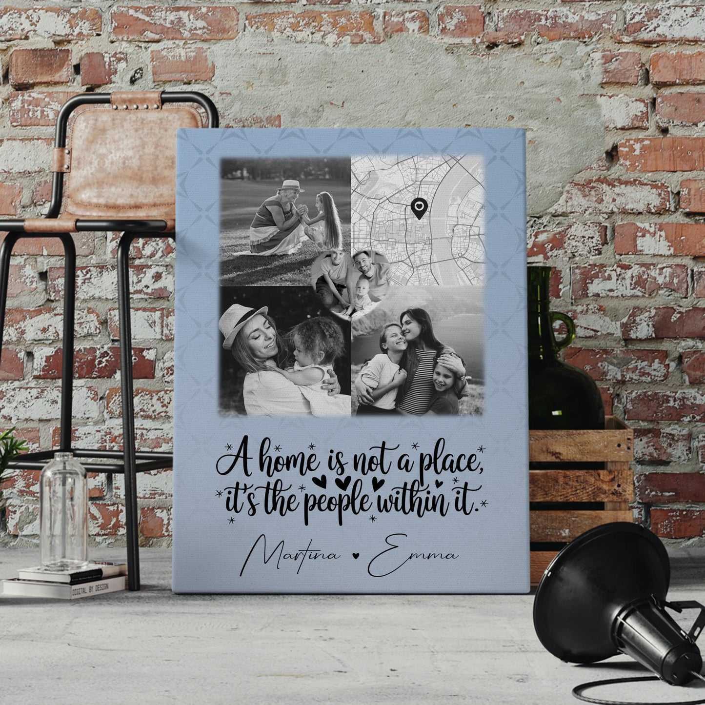 Familienbild Personalisiert Leinwand mit 3 Fotos und Herz Foto Karte Home is 4
