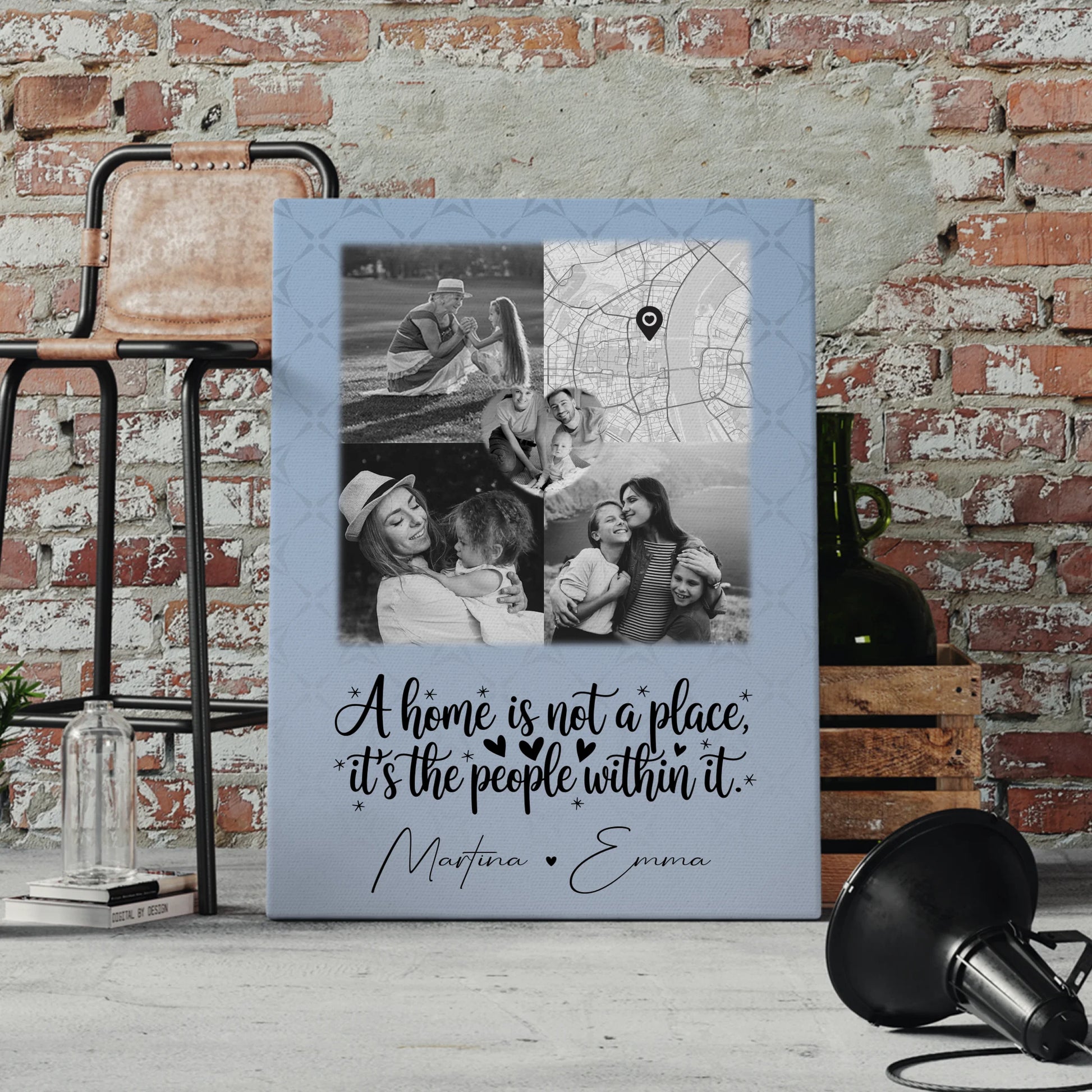 Familienbild Personalisiert Leinwand mit 3 Fotos und Herz Foto Karte Home is 4