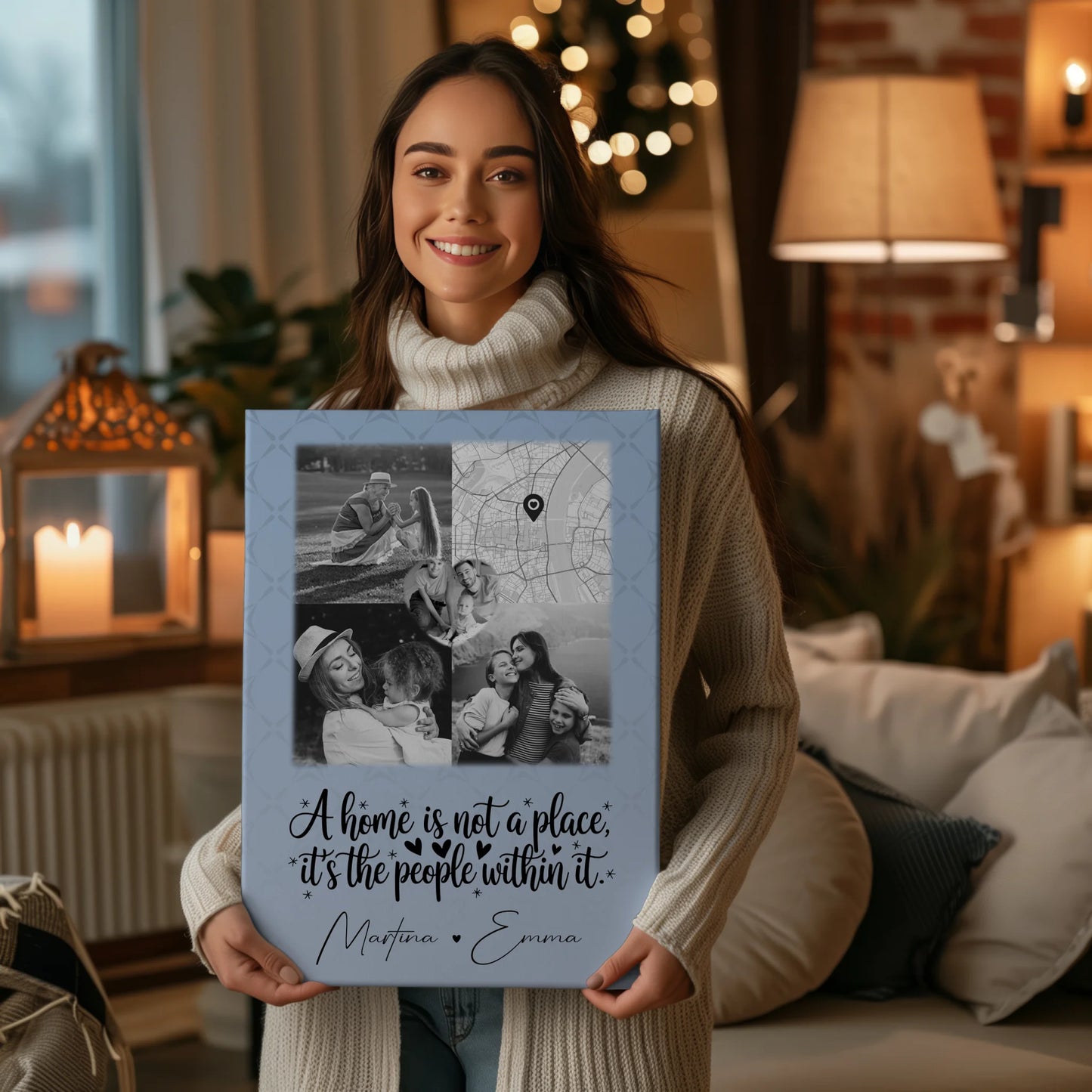 Familienbild Personalisiert Leinwand mit 3 Fotos und Herz Foto Karte Home is 2