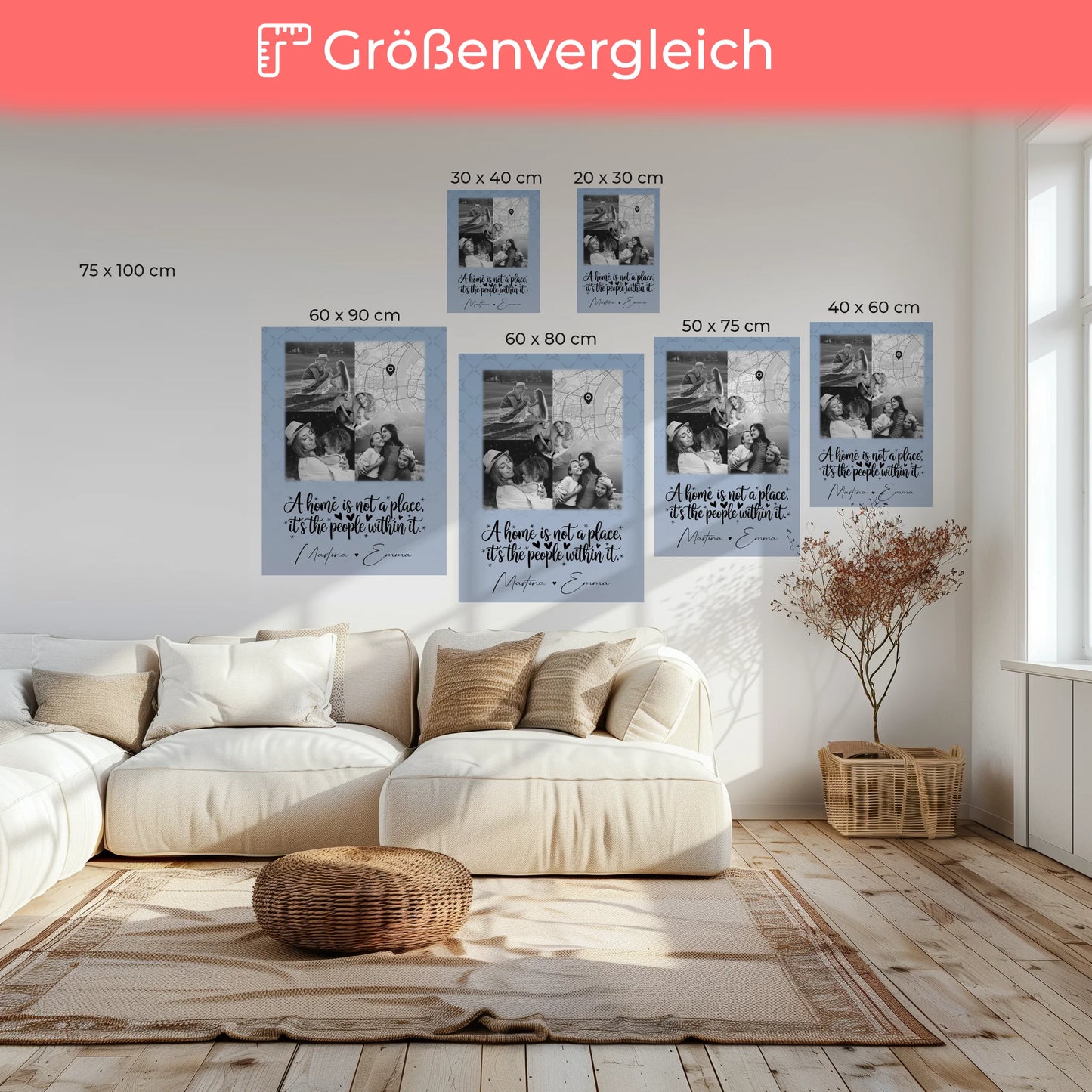 Familienbild Personalisiert Leinwand mit 3 Fotos und Herz Foto Karte Home is 6