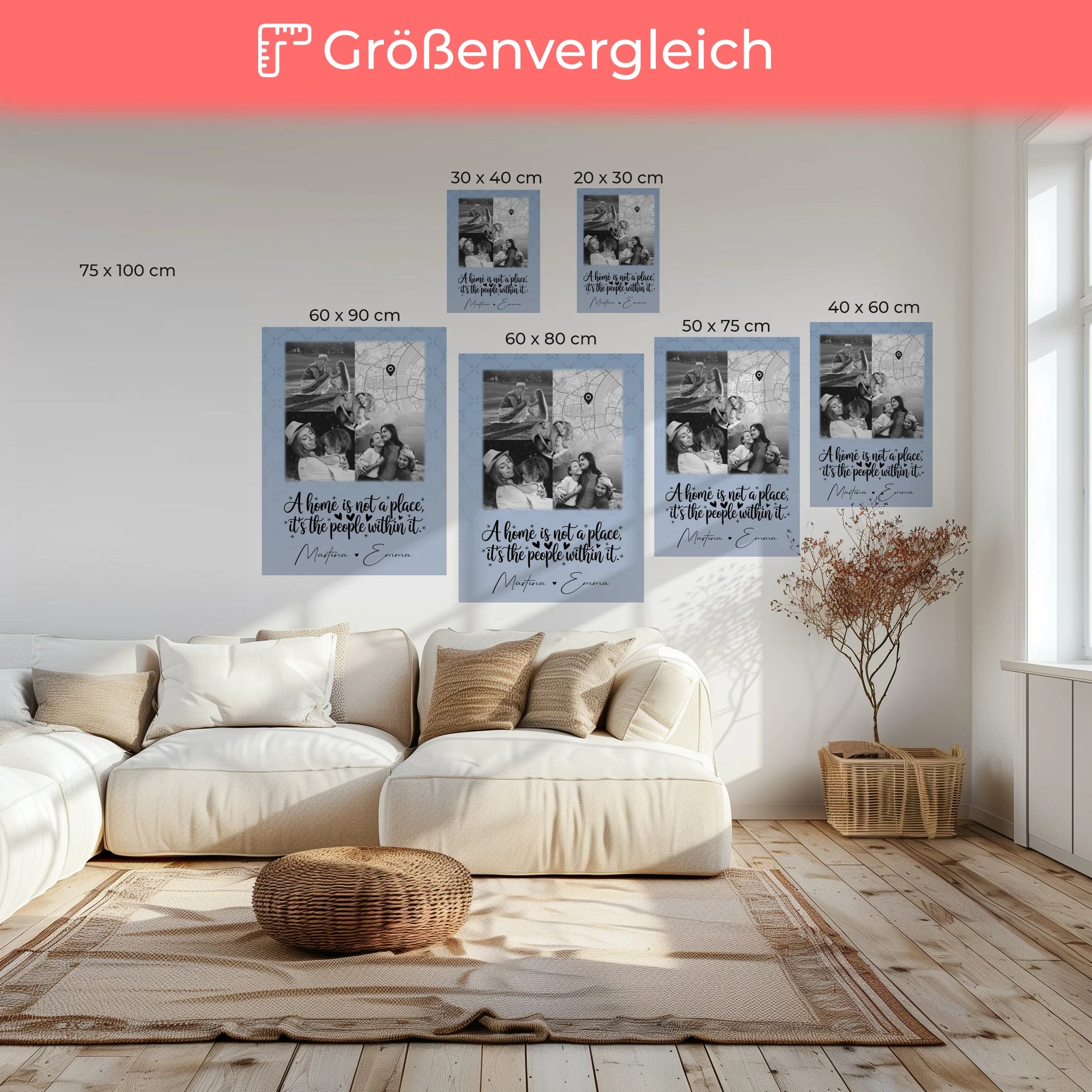 Familienbild Personalisiert Leinwand mit 3 Fotos und Herz Foto Karte Home is 6