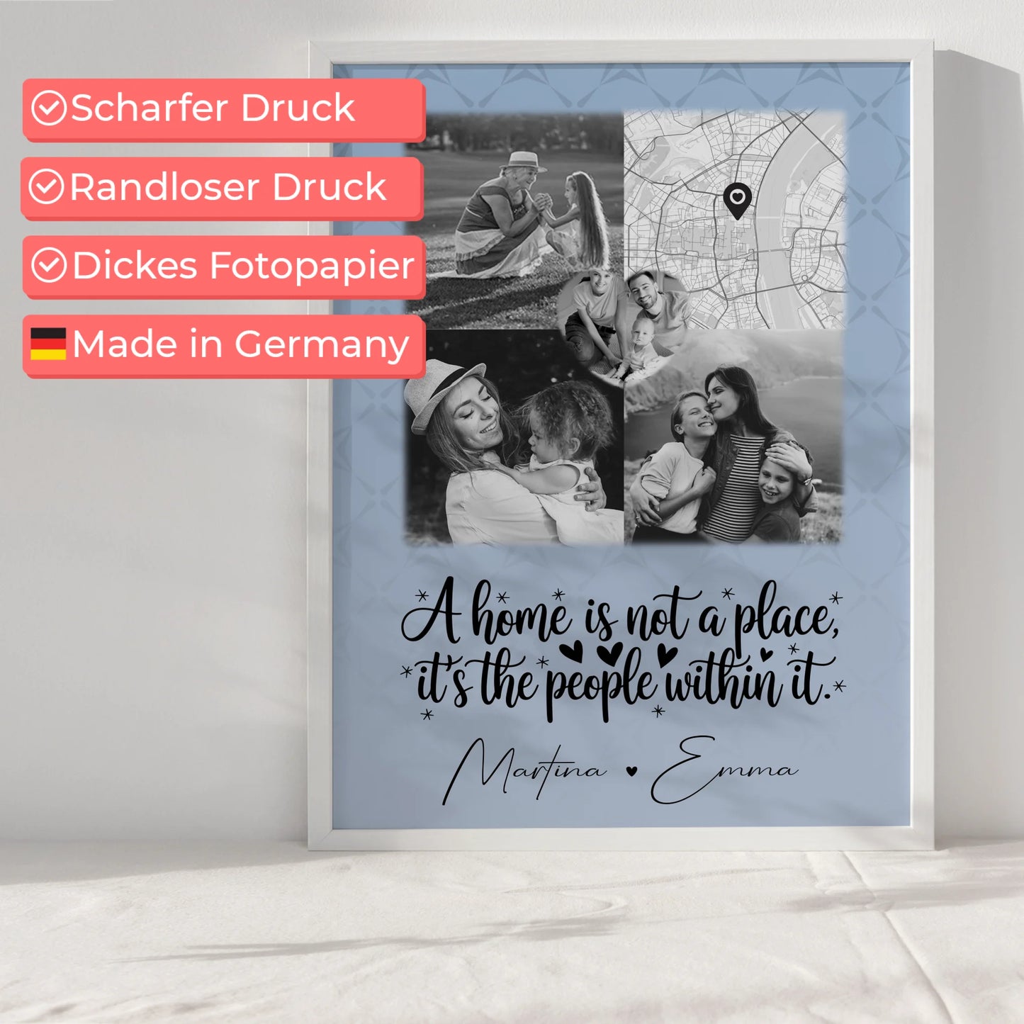 Poster Familie Mit Namen Home is mit 3 Fotos 1 Herz Foto Karte
