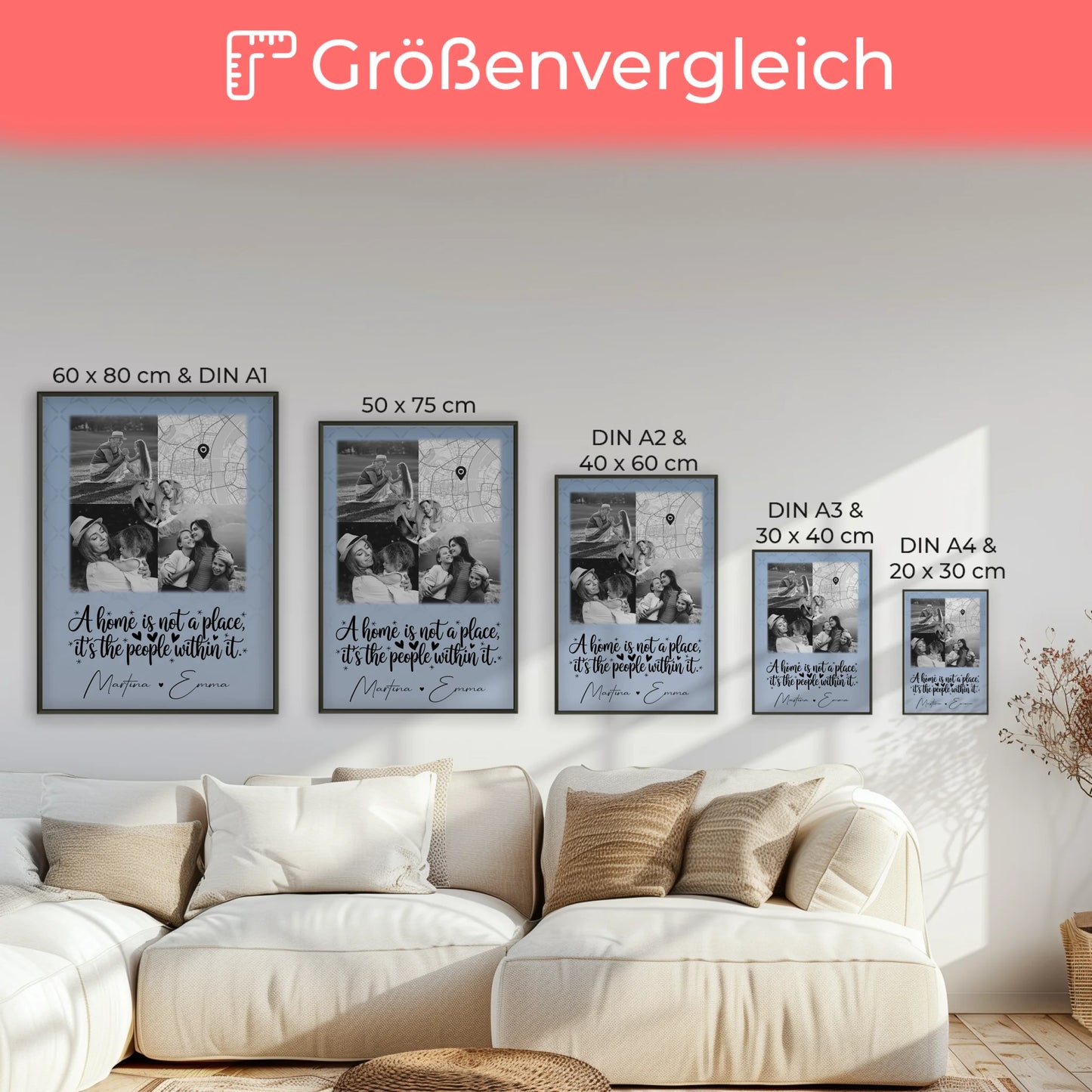 Poster Familie Mit Namen Home is mit 3 Fotos 1 Herz Foto Karte