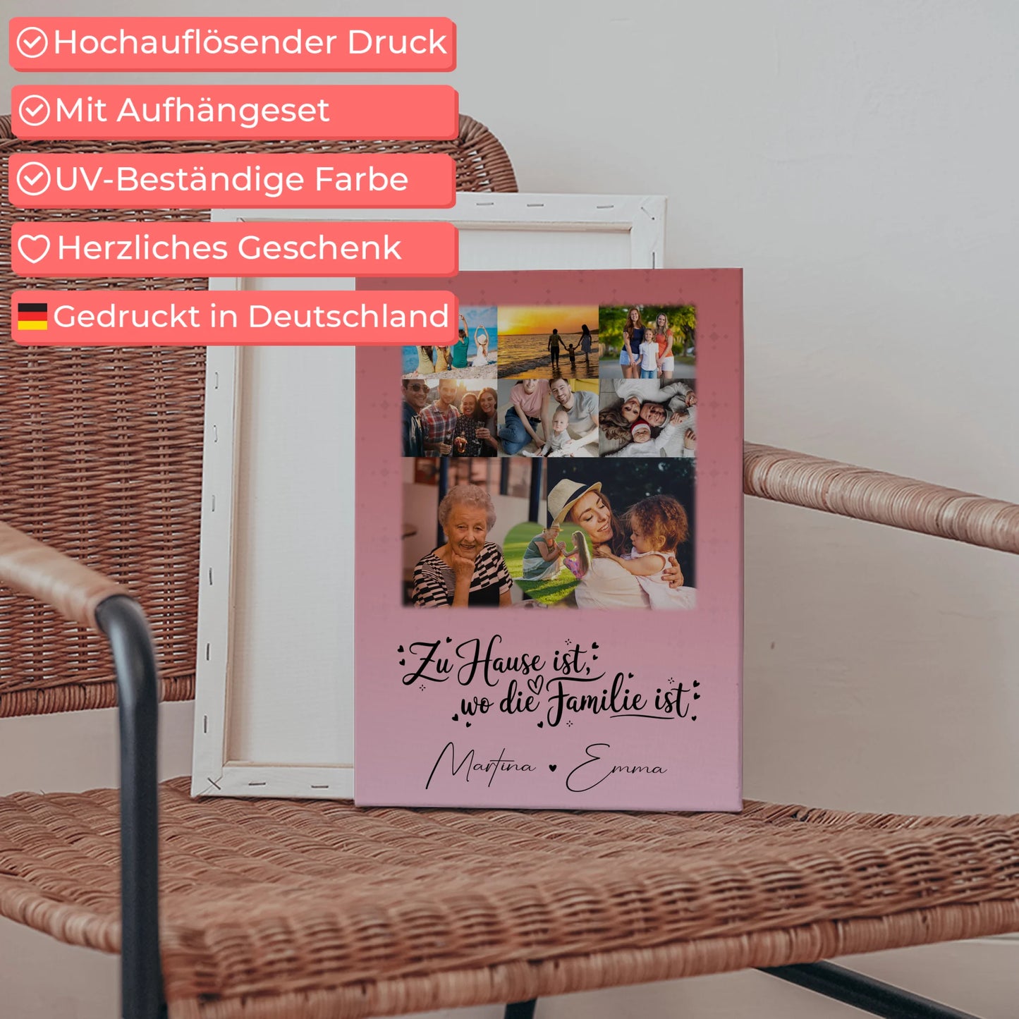Personalisierte Fotoleinwand mit 8 Fotos und Herzmotiv Zu Hause ist unser Ort 5