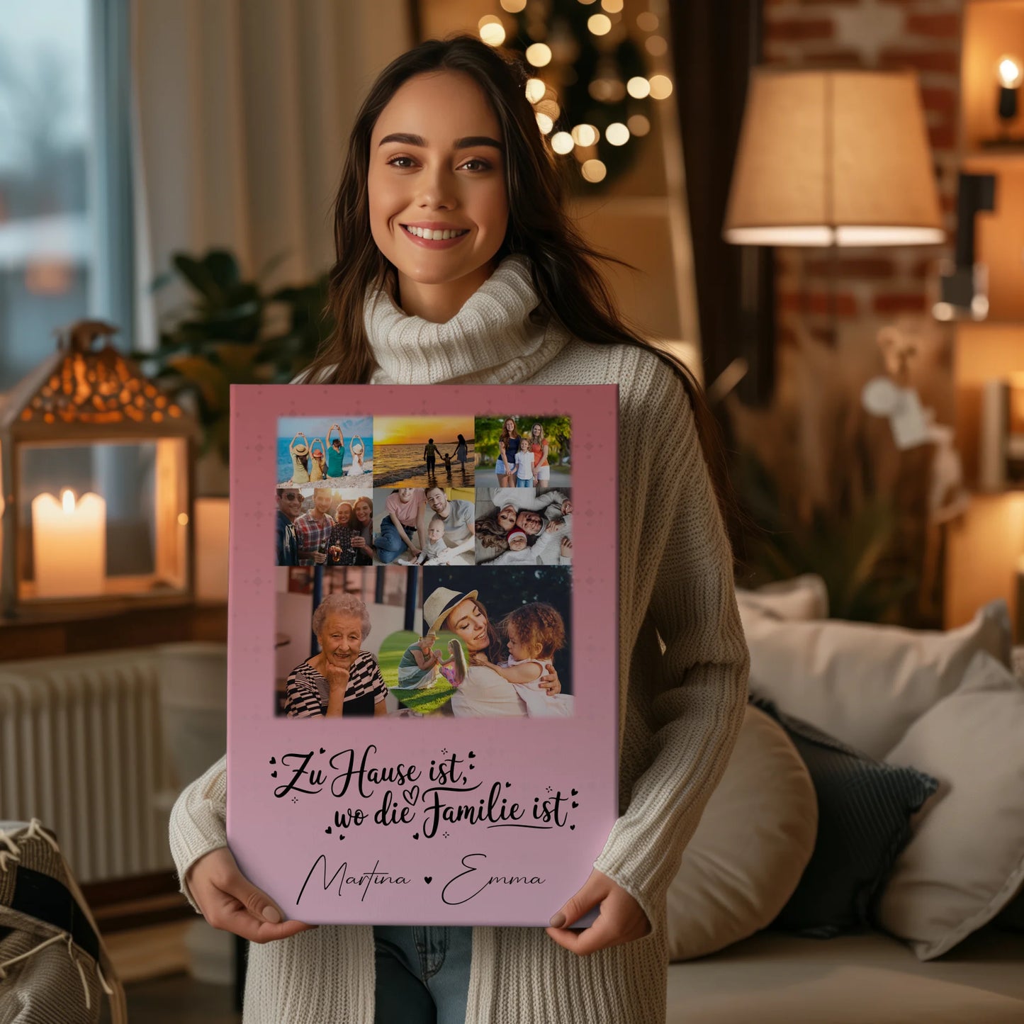 Personalisierte Fotoleinwand mit 8 Fotos und Herzmotiv Zu Hause ist unser Ort 2