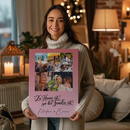 Personalisierte Fotoleinwand mit 8 Fotos und Herzmotiv Zu Hause ist unser Ort 2