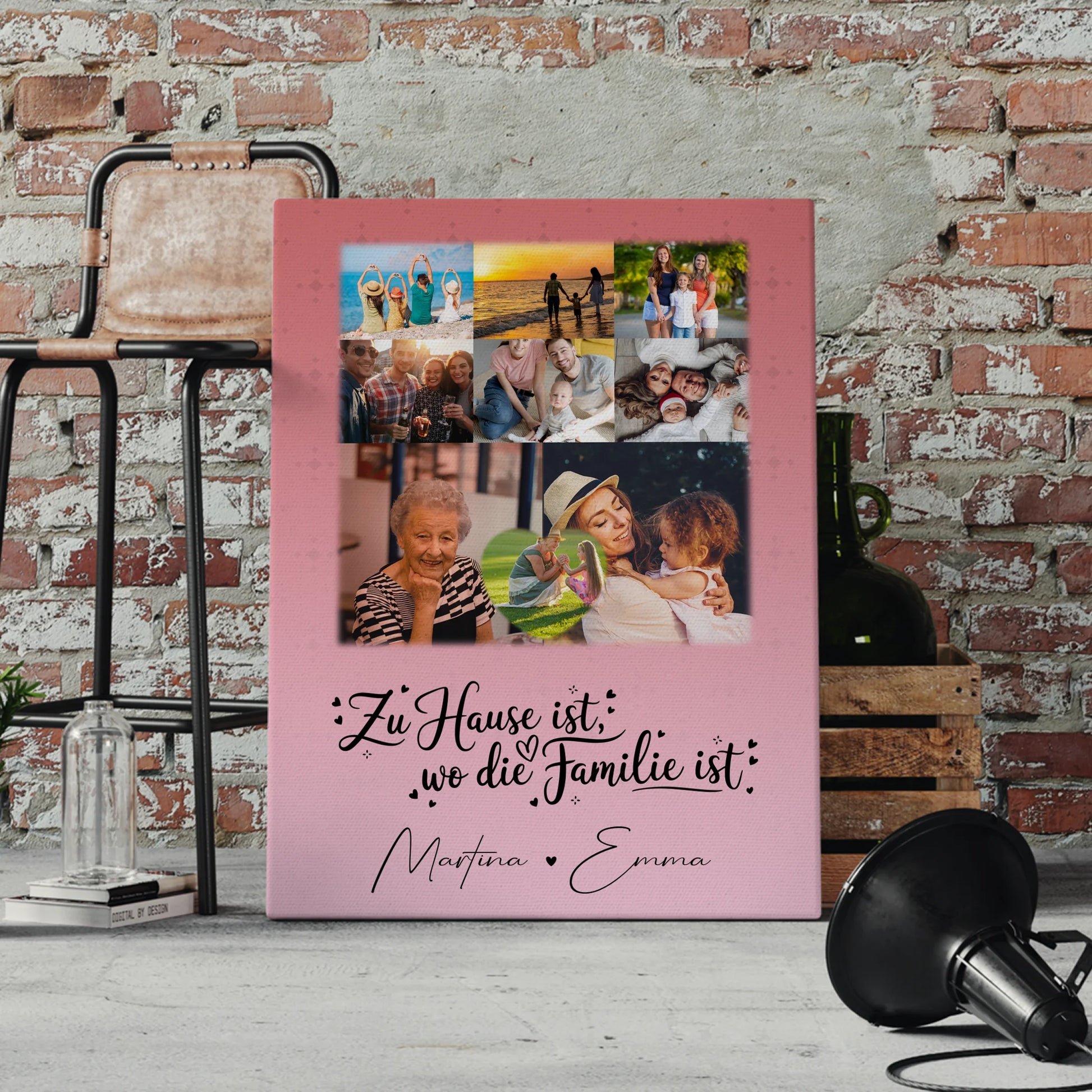 Personalisierte Fotoleinwand mit 8 Fotos und Herzmotiv Zu Hause ist unser Ort 4