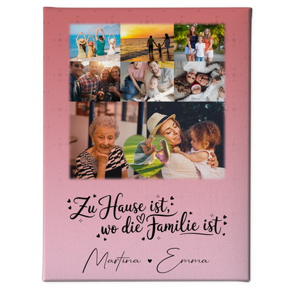 Personalisierte Fotoleinwand mit 8 Fotos und Herzmotiv Zu Hause ist unser Ort 1