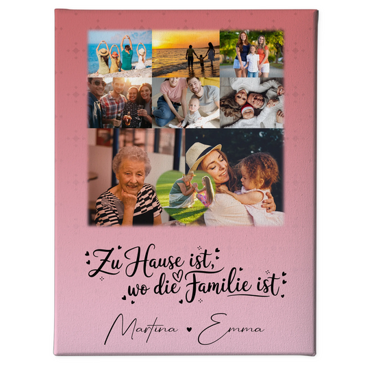 Personalisierte Fotoleinwand mit 8 Fotos und Herzmotiv Zu Hause ist unser Ort 1