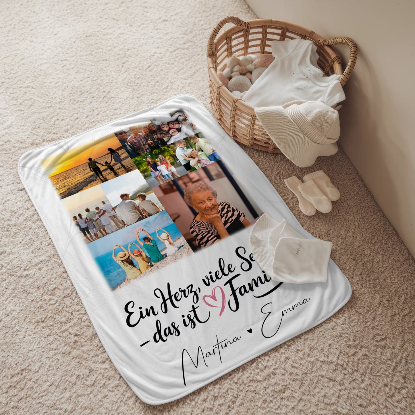 Personalisierte Namensdecke mit 9 Fotos Ein Herz viele Seelen Geschenk für Liebe und Familie 2