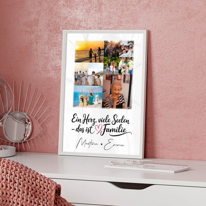 Personalisiertes Poster Familie Mit Namen mit 9 Fotos und Spruch Ein Herz viele Seelen