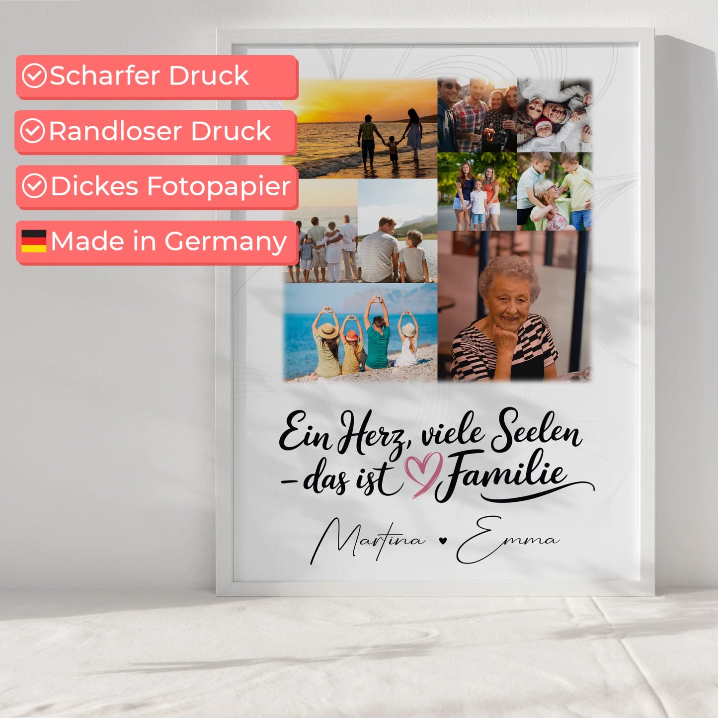 Personalisiertes Poster Familie Mit Namen mit 9 Fotos und Spruch Ein Herz viele Seelen
