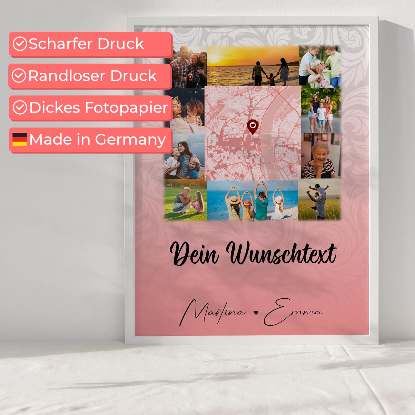 Poster Mit Namen Familie Together mit 10 Fotos Karte in der Mitte und Wunschtext