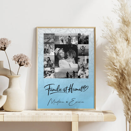 Familienposter mit Namen und 11 Fotos Familie Ist Heimat als persönliche Geschenkidee