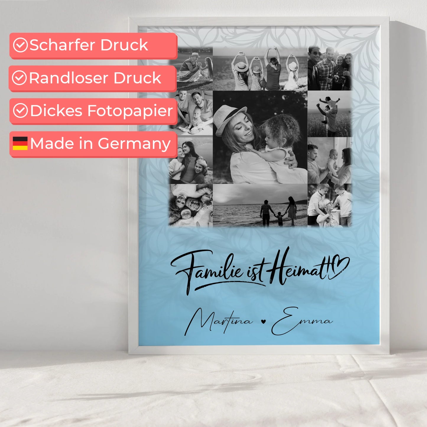 Familienposter mit Namen und 11 Fotos Familie Ist Heimat als persönliche Geschenkidee