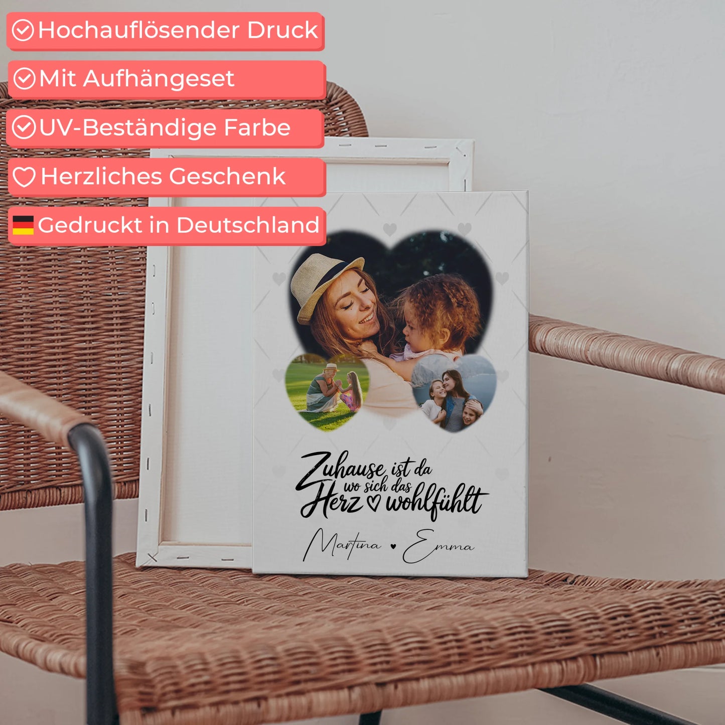 Wandbild Familie Personalisiert mit 3 Herz Fotos Das Herz Wohlfühlt für Zuhause 5