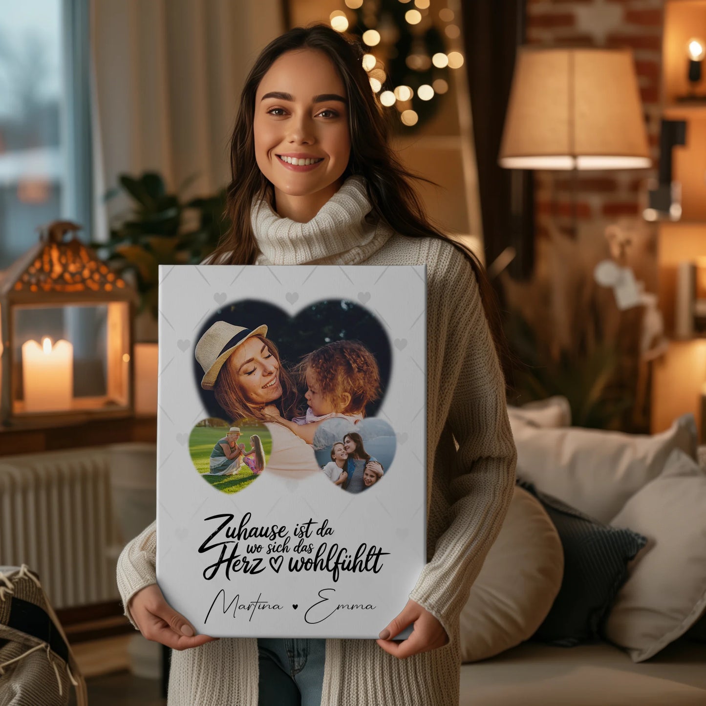 Wandbild Familie Personalisiert mit 3 Herz Fotos Das Herz Wohlfühlt für Zuhause 2