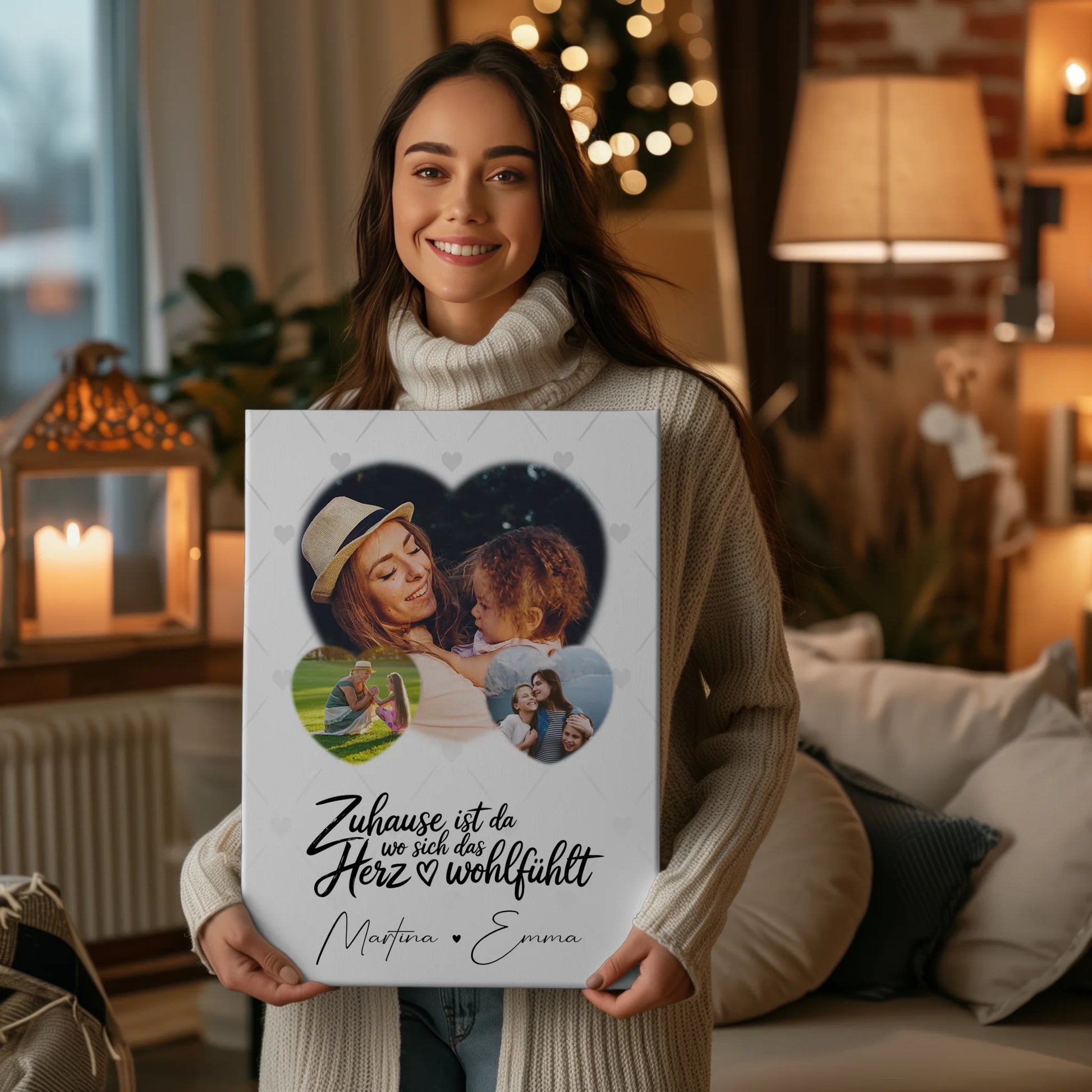 Wandbild Familie Personalisiert mit 3 Herz Fotos Das Herz Wohlfühlt für Zuhause 2