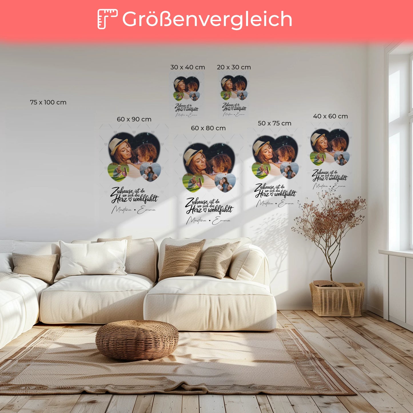 Wandbild Familie Personalisiert mit 3 Herz Fotos Das Herz Wohlfühlt für Zuhause 6