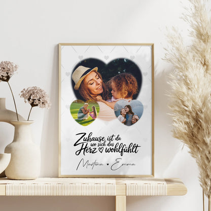 Familienposter Mit Namen Das Herz Wohlfühlt Motiv mit 3 Herz Fotos