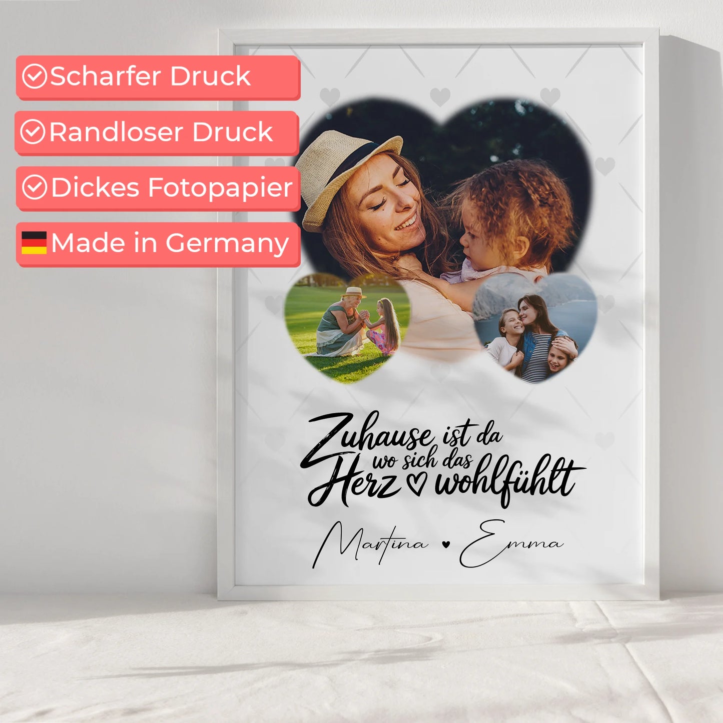 Familienposter Mit Namen Das Herz Wohlfühlt Motiv mit 3 Herz Fotos