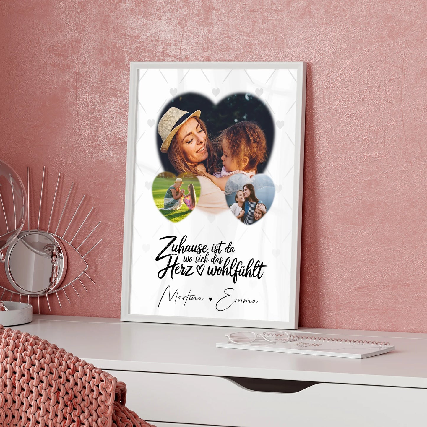 Familienposter Mit Namen Das Herz Wohlfühlt Motiv mit 3 Herz Fotos