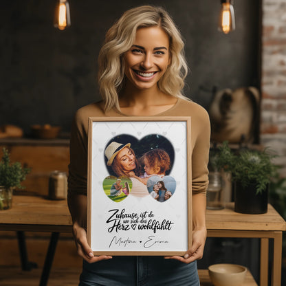 Familienposter Mit Namen Das Herz Wohlfühlt Motiv mit 3 Herz Fotos