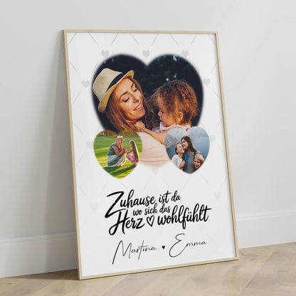 Familienposter Mit Namen Das Herz Wohlfühlt Motiv mit 3 Herz Fotos