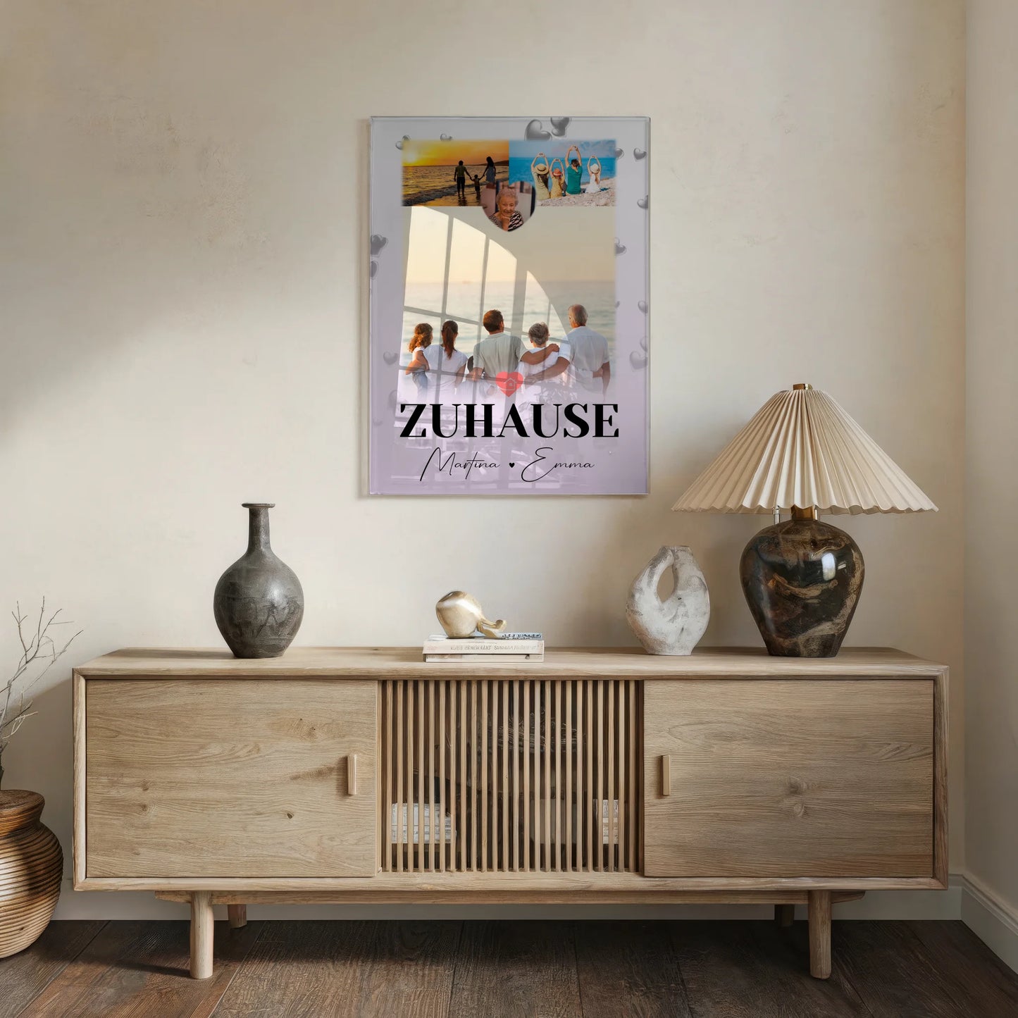 Wandbild Familie Personalisiert mit 3 Fotos und Herz Foto für Zuhause