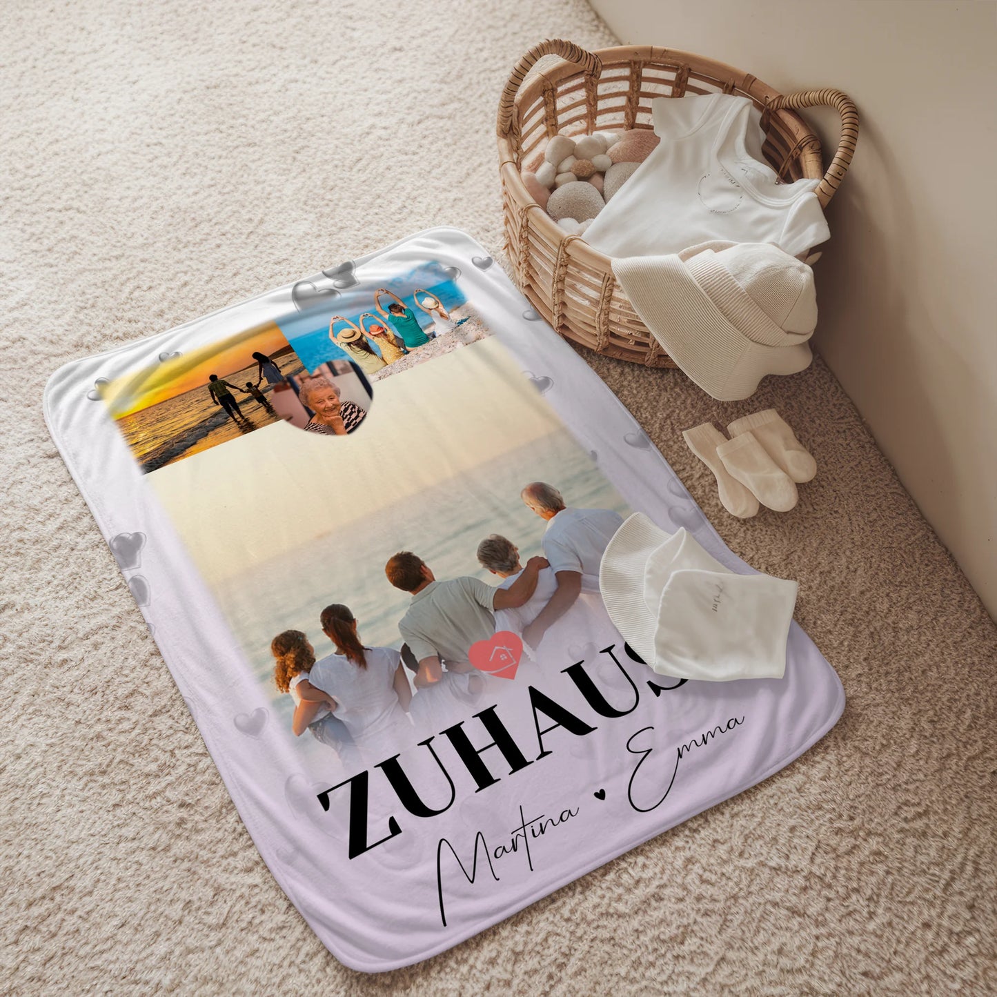 Personalisierte Decke Mit Namen 3 Fotos und 1 Herz Foto Für Zuhause 2
