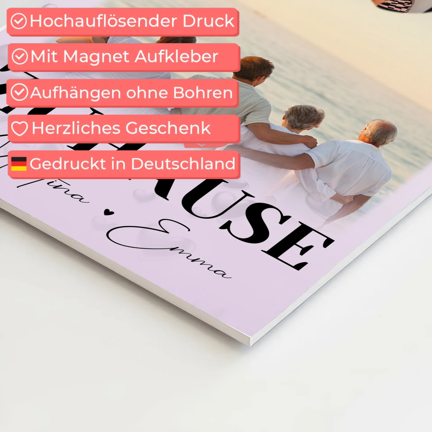 Familienbild Personalisiert Fotoboard mit 3 Fotos und Herz Foto Zuhause 4