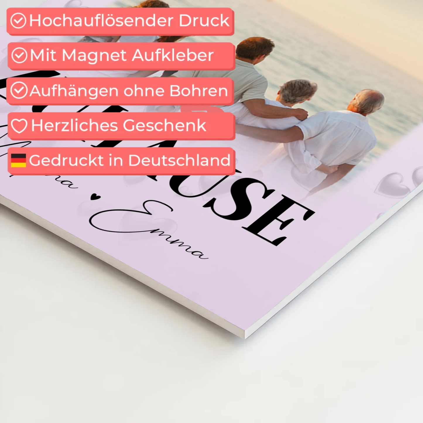 Familienbild Personalisiert Fotoboard mit 3 Fotos und Herz Foto Zuhause 10