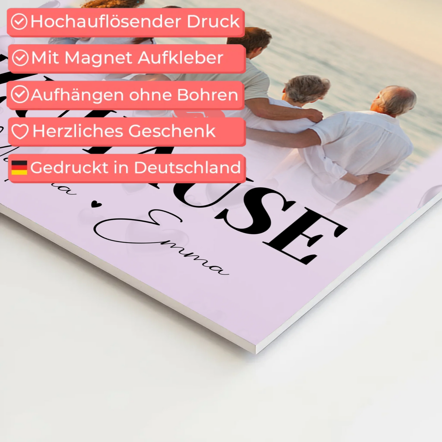 Familienbild Personalisiert Fotoboard mit 3 Fotos und Herz Foto Zuhause