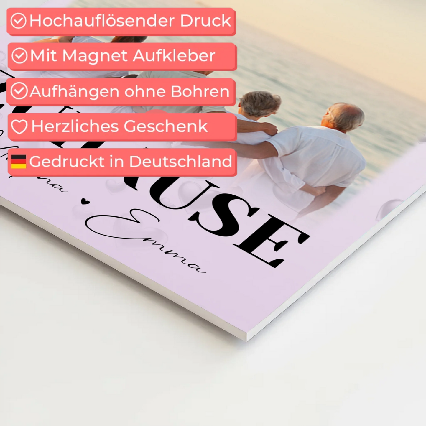 Familienbild Personalisiert Fotoboard mit 3 Fotos und Herz Foto Zuhause